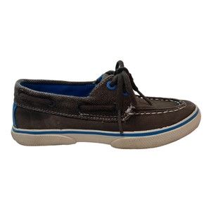 Sperry Top-Sider Boys Boat Shoes Size 11M Brown Canvas Blue Accents Tie Laces